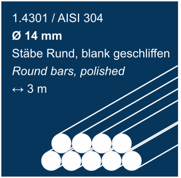 Edelstahlstäbe, geschliffen, aus 1.4301 (304), 14 mm Durchmesser, 3000 mm lang, auf blauem Hintergrund abgebildet